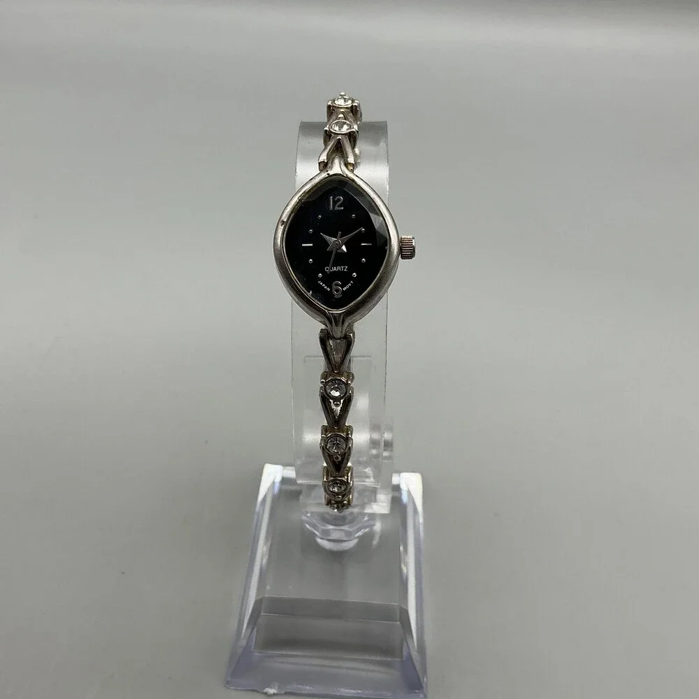 Vtg Avon Women Watch 19mm Black Dial Silver Tone Oval Crystals New Battery 7.25